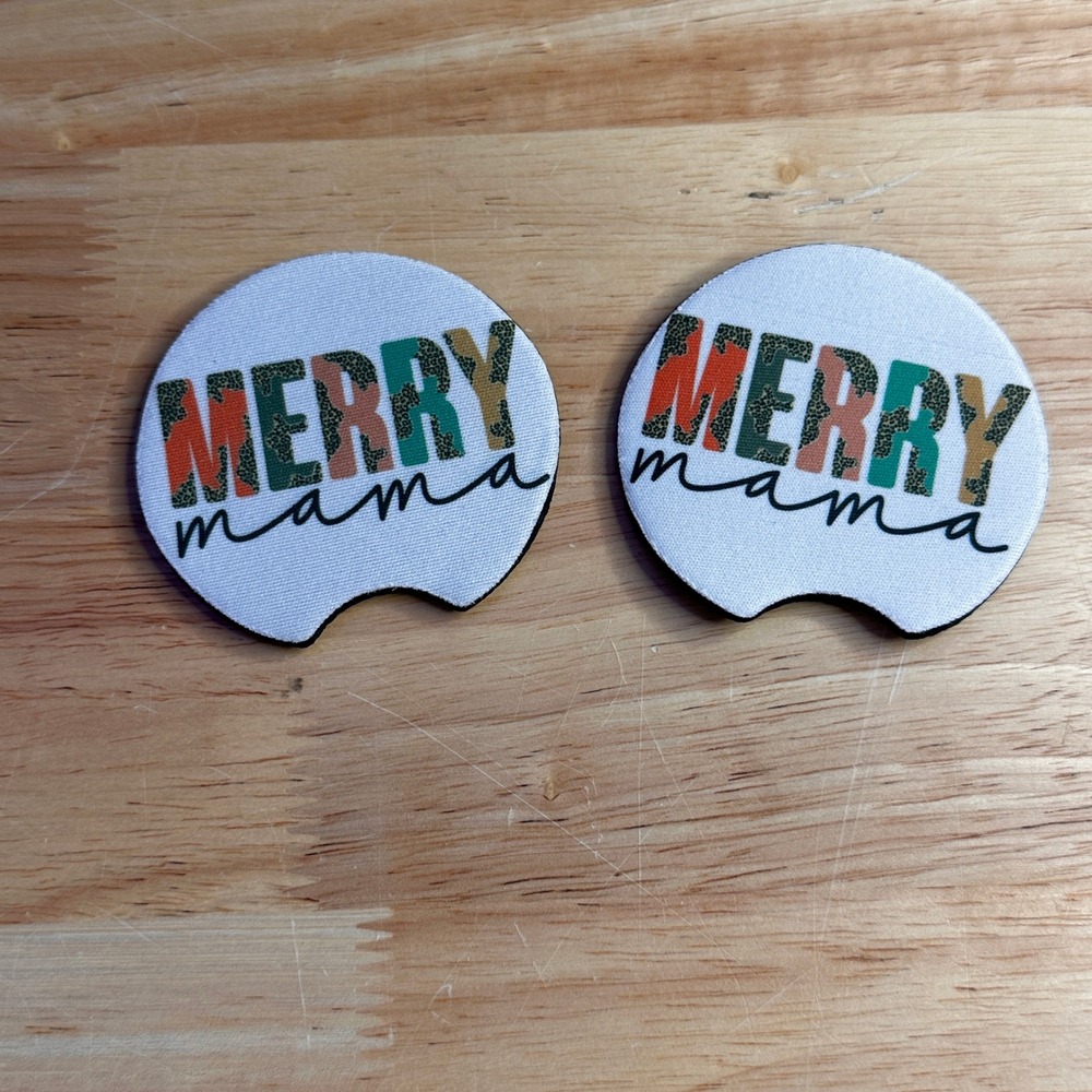 Merry Mama Christmas Car Coasters Set of 2 Leopard Print Festive Auto Accessory